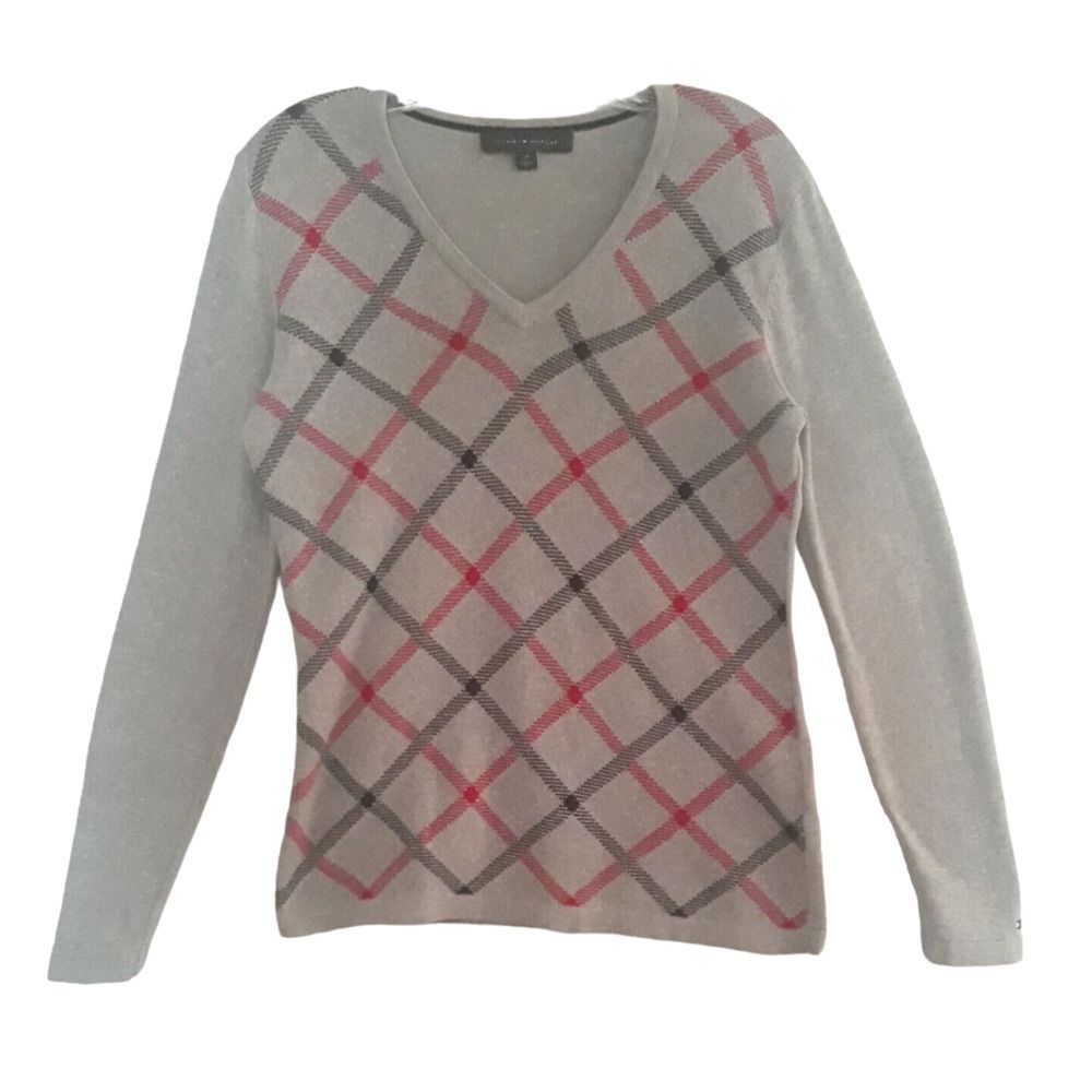 Tommy Hilfiger Sweater Womens S/P Gray Black Red Arglye Print Pullover V Neck